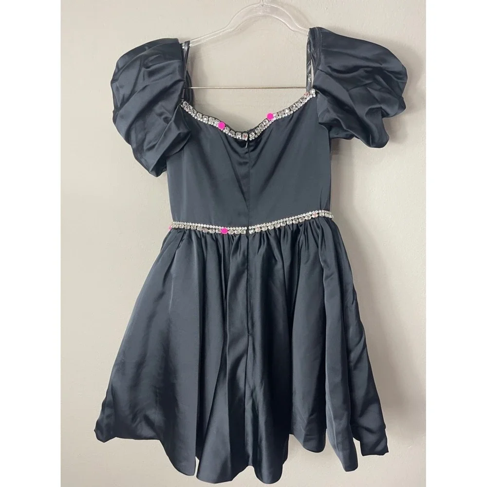 Mac Duggal Black Satin Puff Sleeve Rhinestone Mini Dress Style 20688 FLAWED